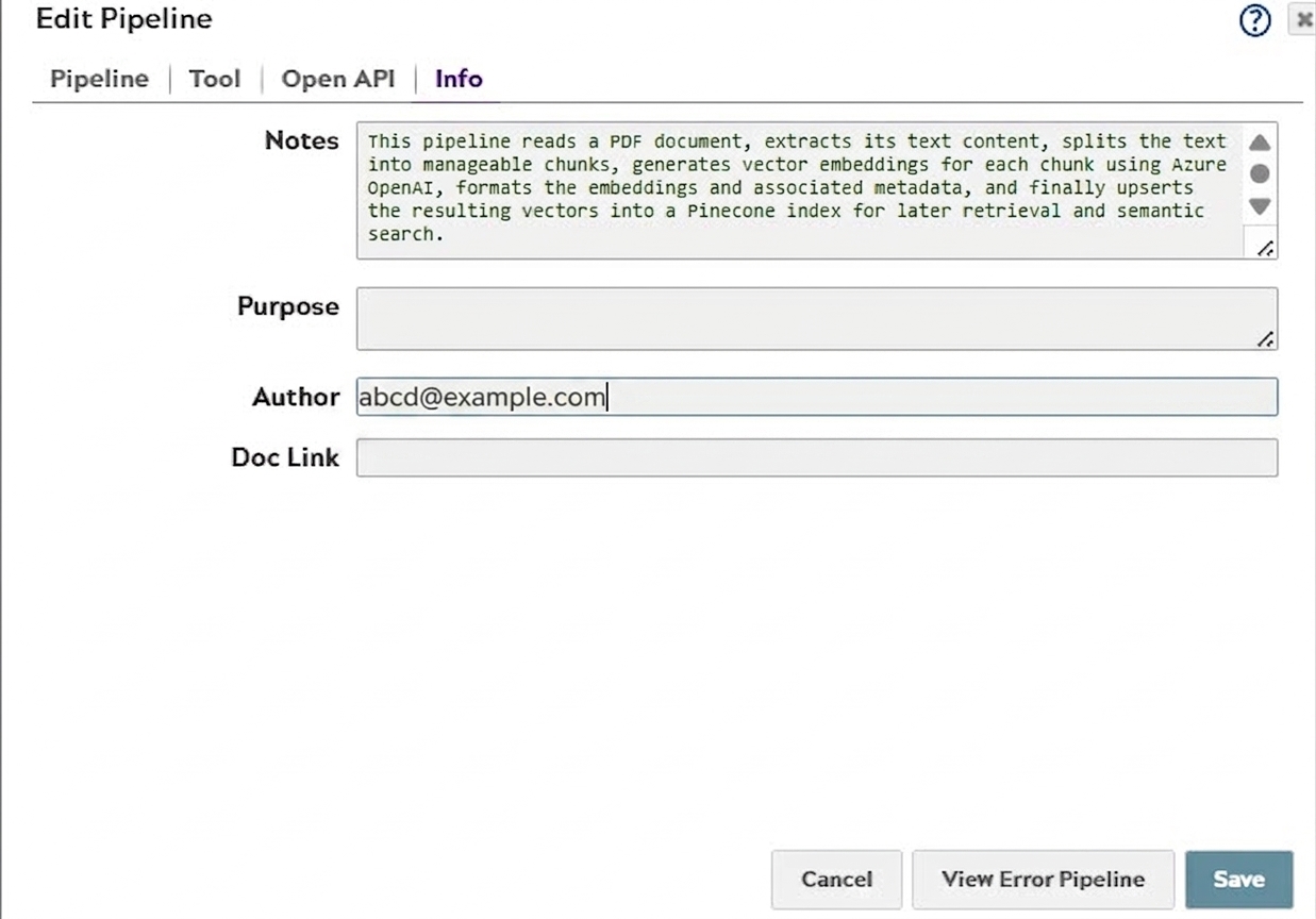 Pipeline description saved in the Info tab Notes field