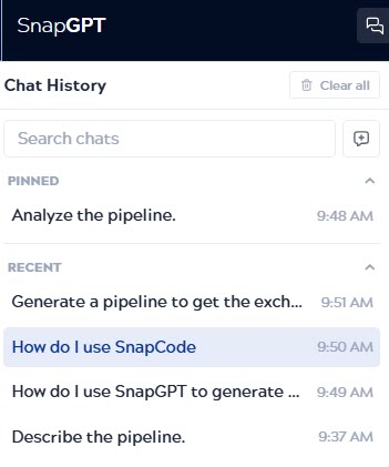 Chat history panel with search and new chat options