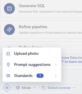 Plus menu in the SnapGPT chat input box showing the Standards option