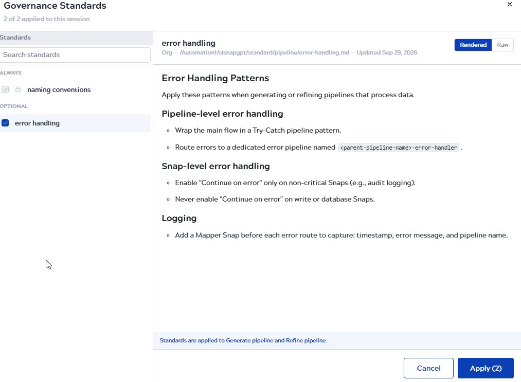 Governance Standards dialog showing standard list and rendered content