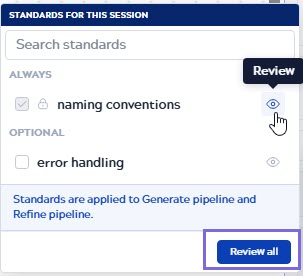 Standards for this session panel showing Always and Optional standards with Review icons and Review all button