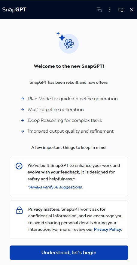 SnapGPT welcome screen in Designer