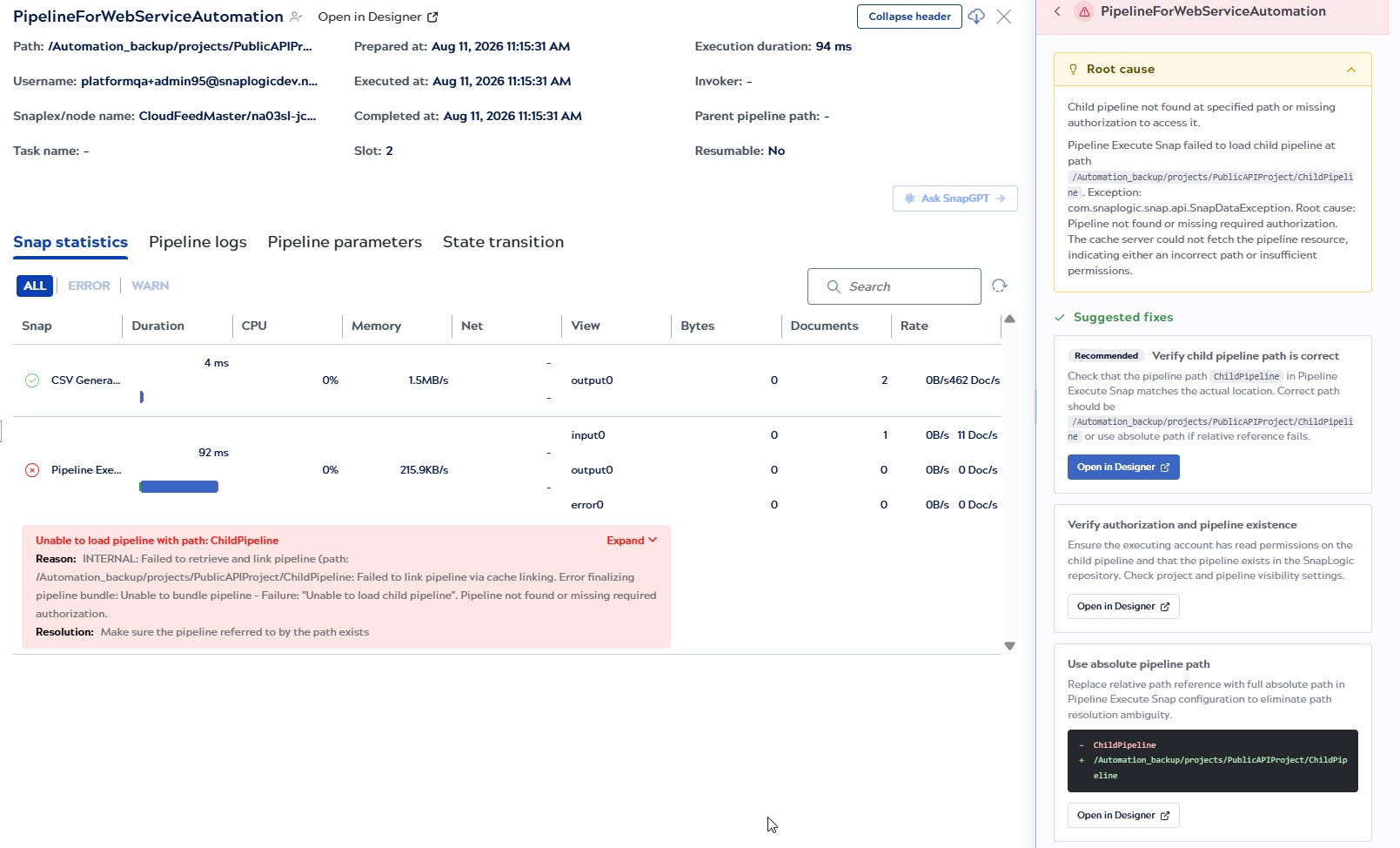 Root cause analysis and suggested fixes in the SnapGPT panel