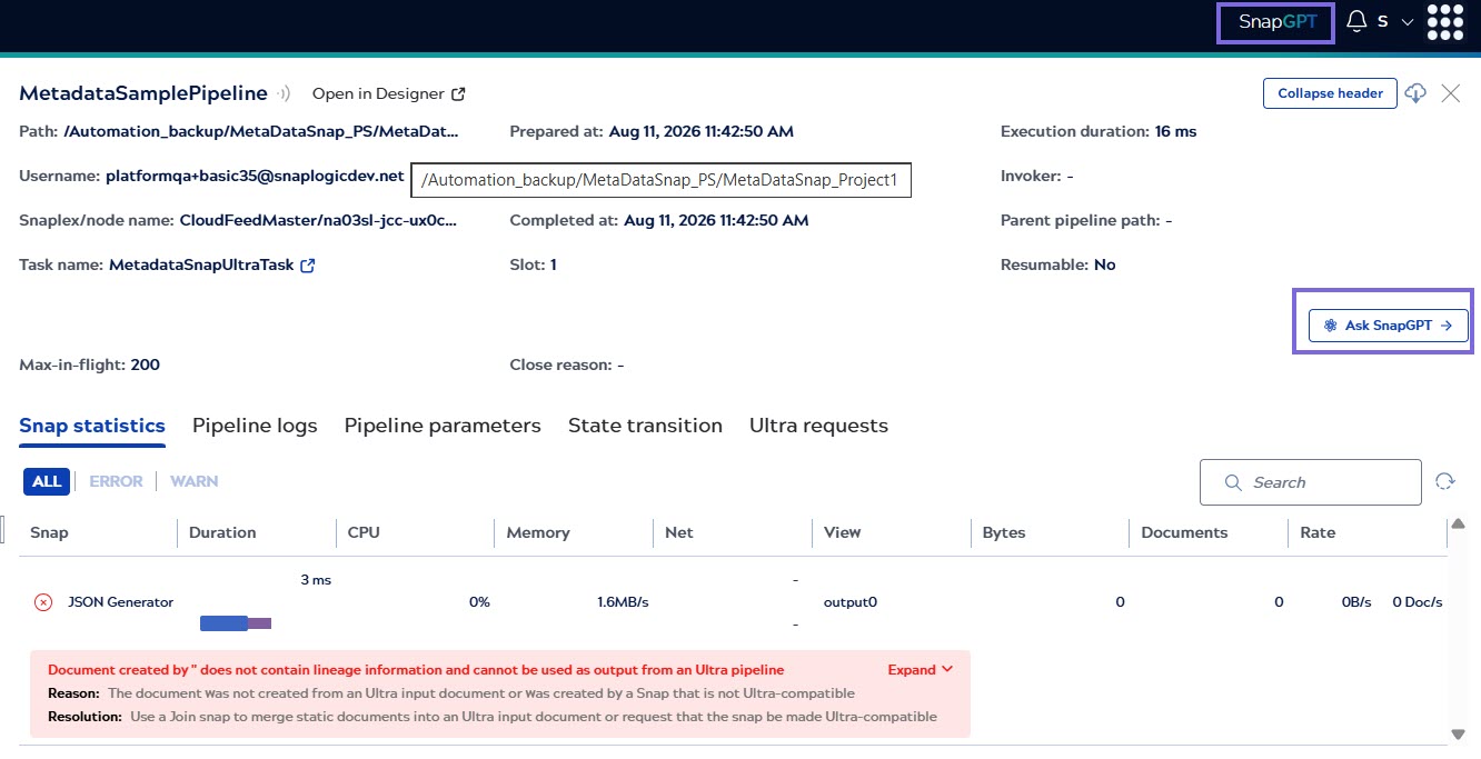 Ask SnapGPT button in the execution detail panel and SnapGPT button in the Monitor header