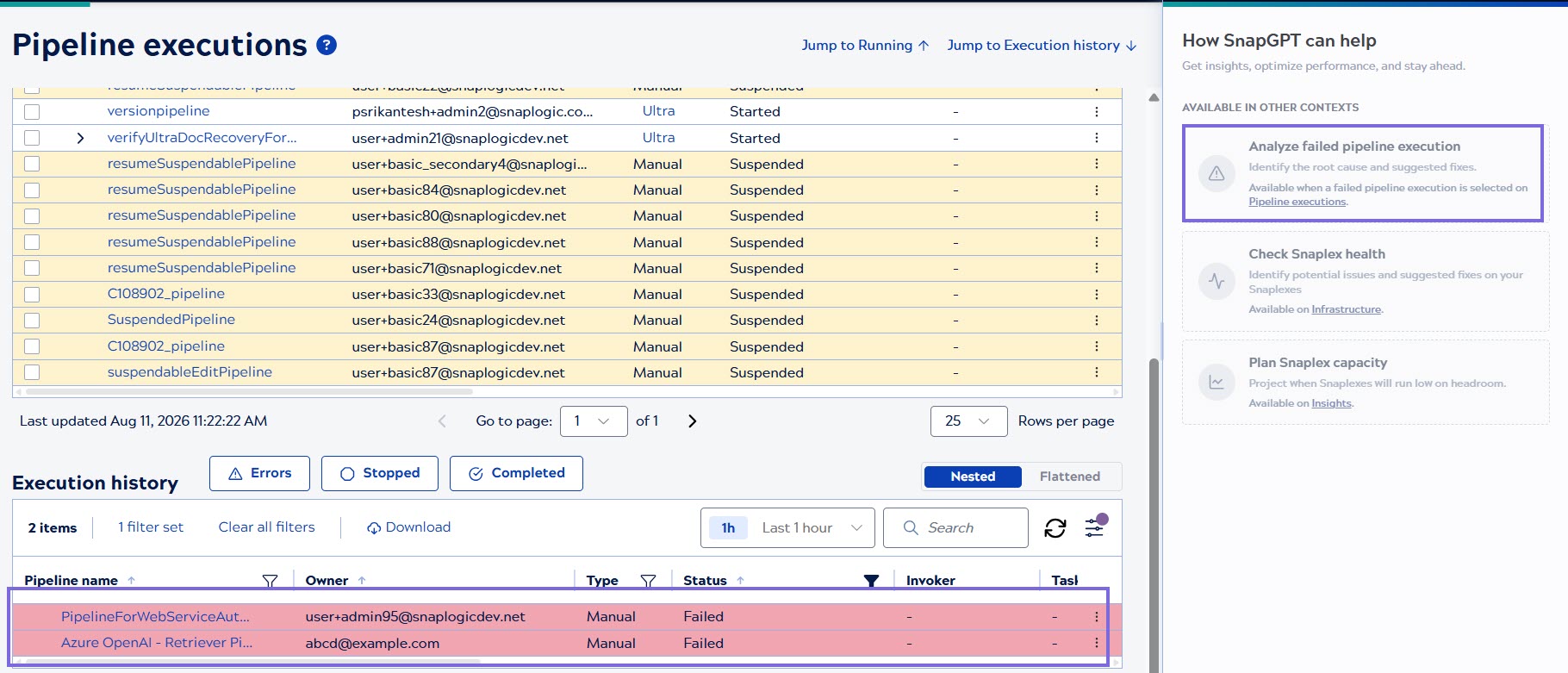 Analyze failed pipeline execution skill in the SnapGPT panel
