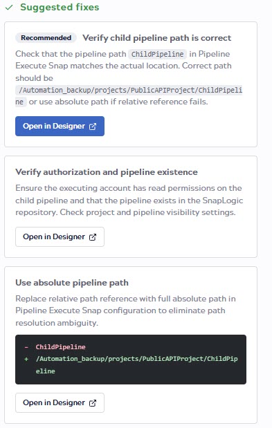 Suggested fixes section showing Recommended badge, code diff, and Open in Designer button