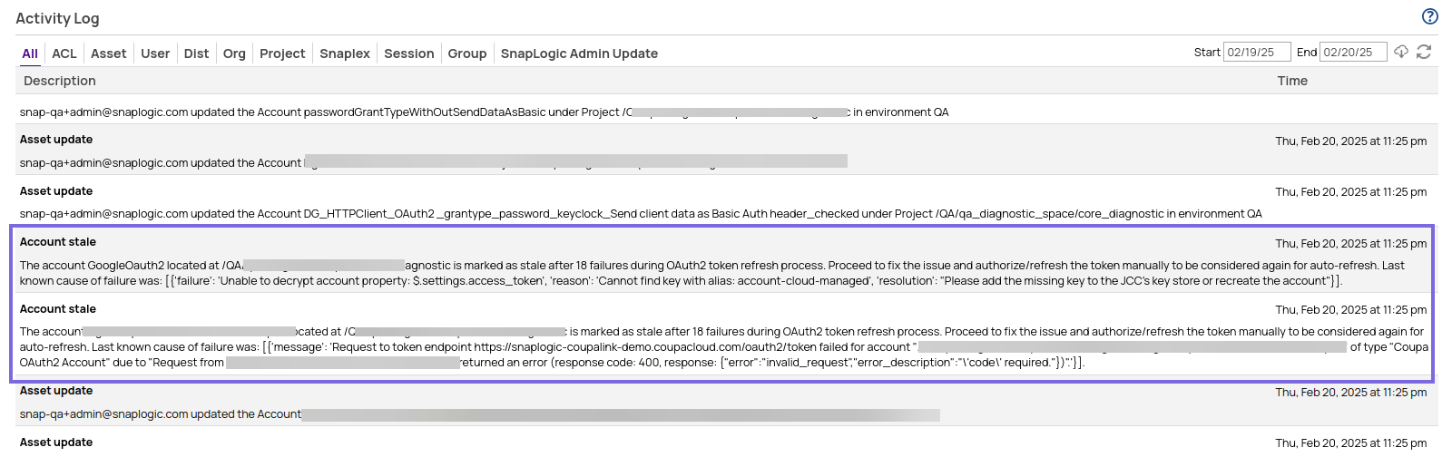 Accounts marked as stale in Activity Log