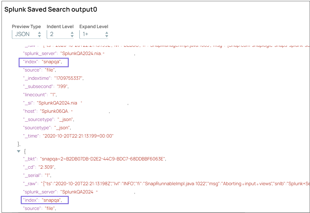 Splunk Saved Search Snap Output