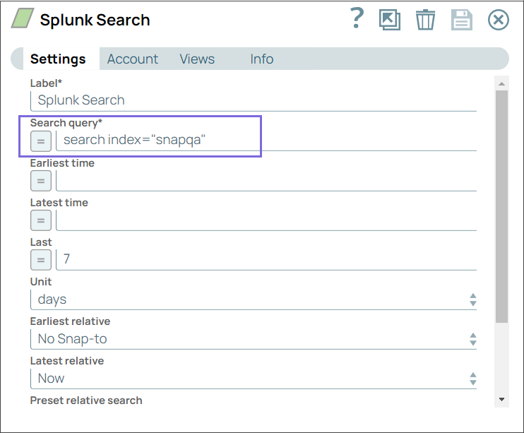 Splunk Search Snap Configuration