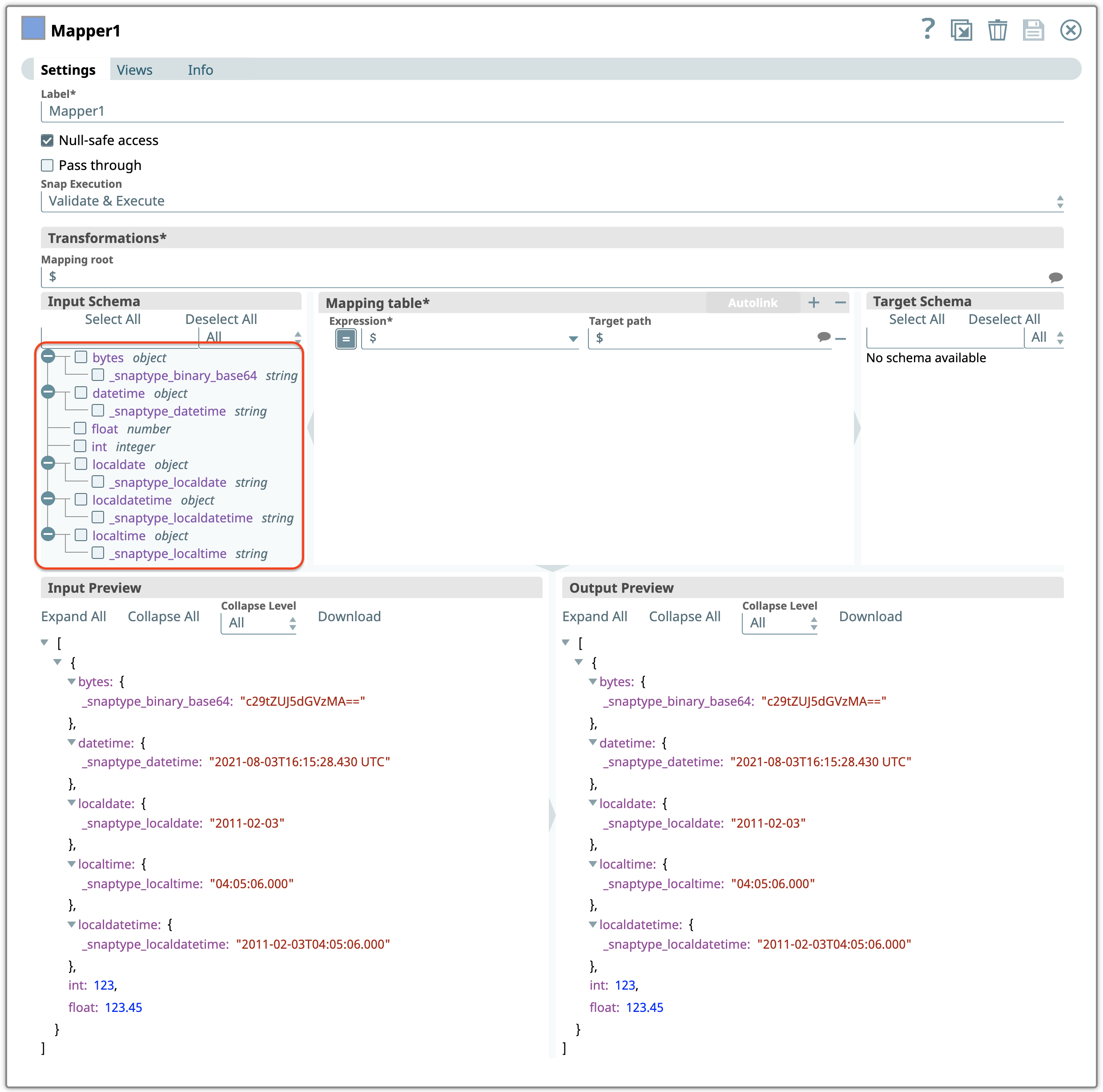 Input schema with Support Type Extensions deselected
