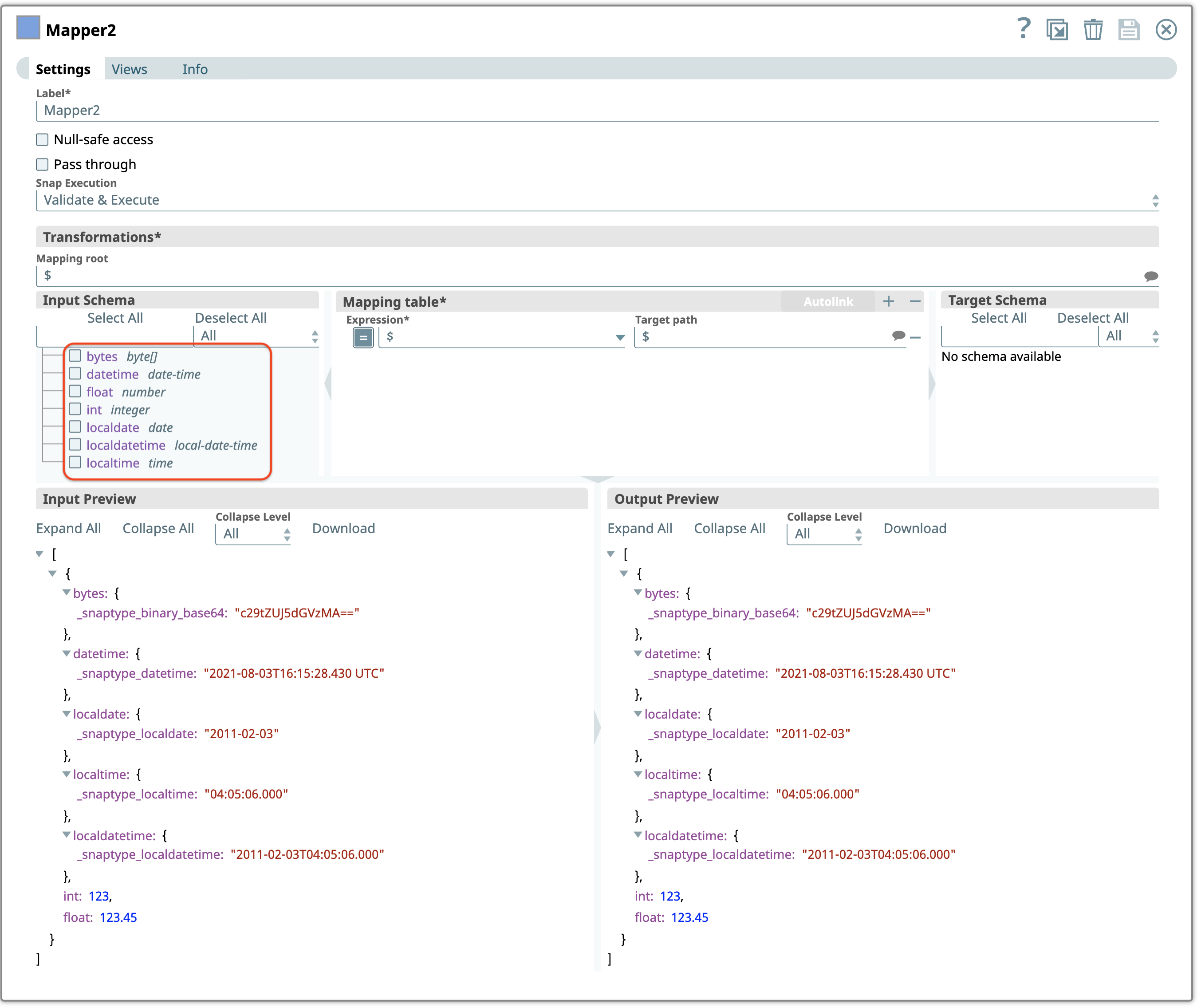 Mapper Snap with Input Schema