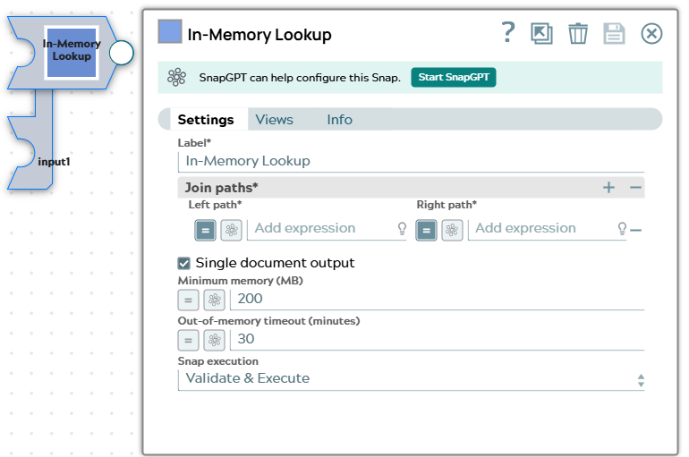 In-Memory Lookup Snap Settings