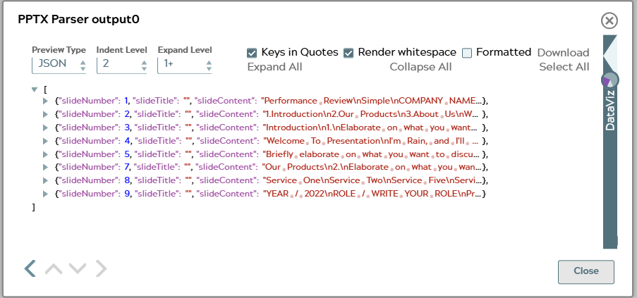 PPTX Parser output0 preview showing a JSON array of parsed slide objects