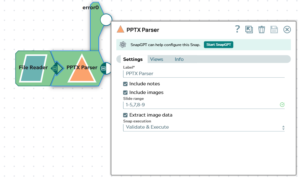 Pipeline showing File Reader connected to PPTX Parser