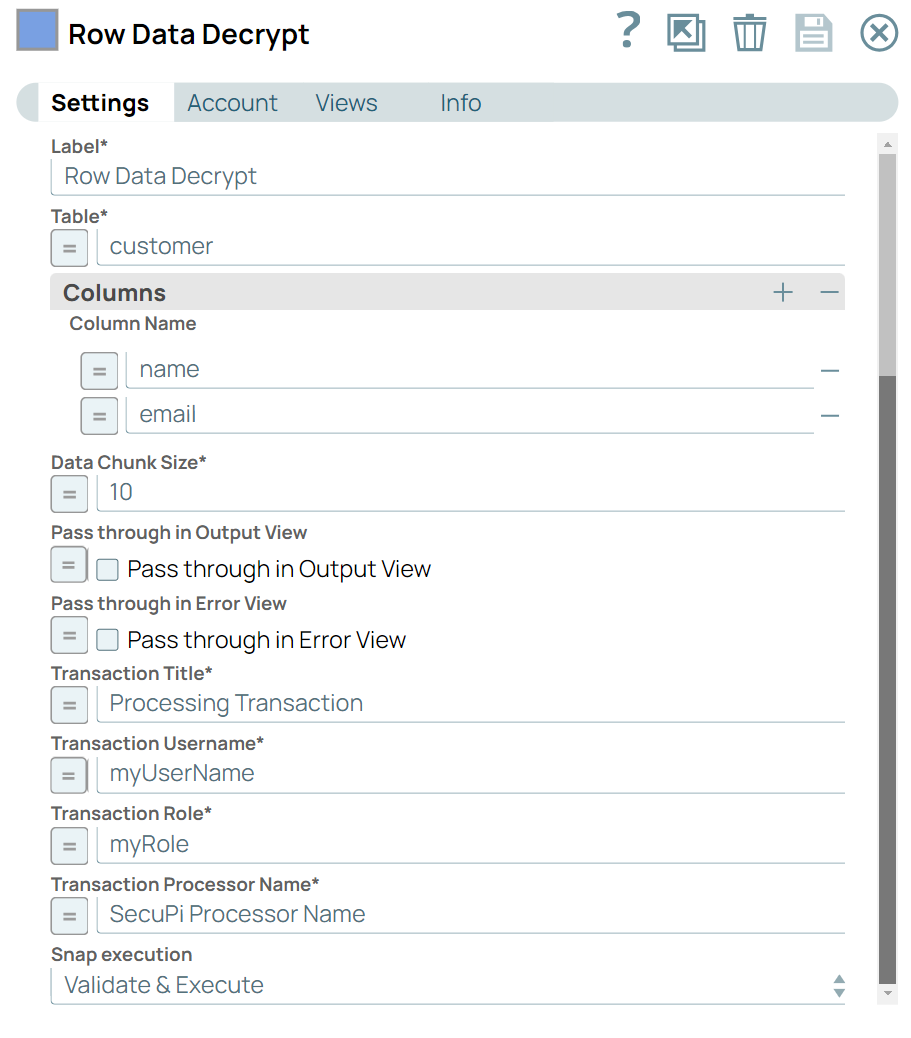 Row Data Decrypt Settings dialog