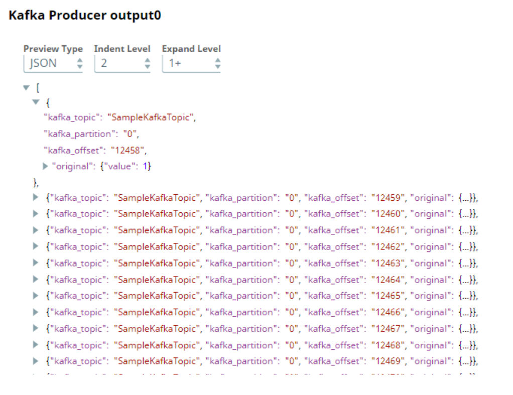 Output preview of Kafka Producer Snap after successful validation