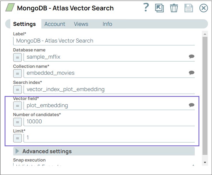MongoDB Atlas Vector Search Snap configuration