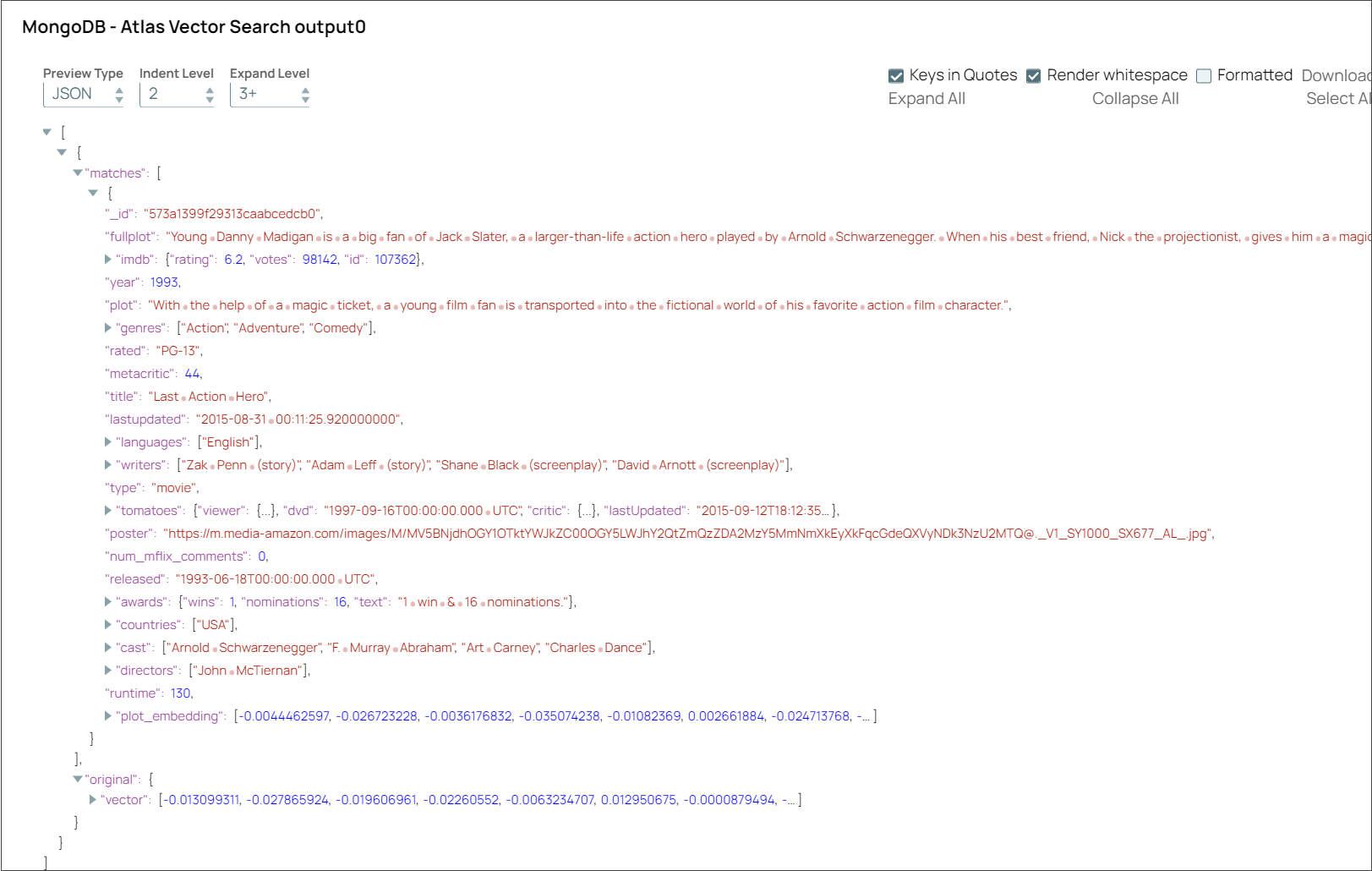 MongoDB Atlas Vector Search output