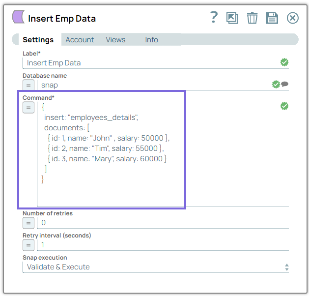 MongoDB Execute - Insert data configuration