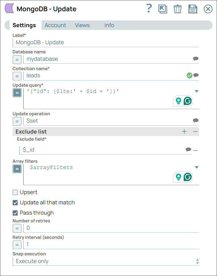 MongoDB Update Snap in pipeline