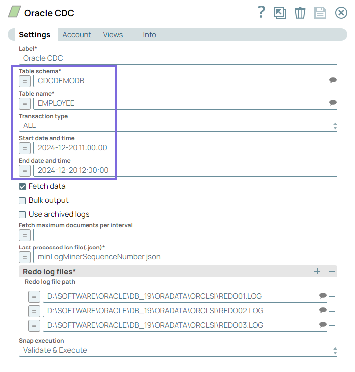 Oracle CDC Snap configuration