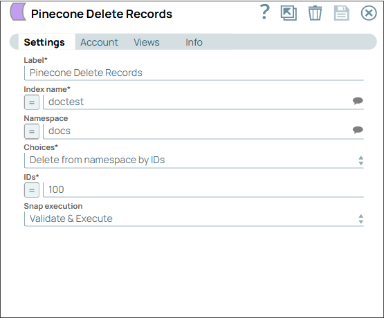 Pinecone Delete Records Snap configuration