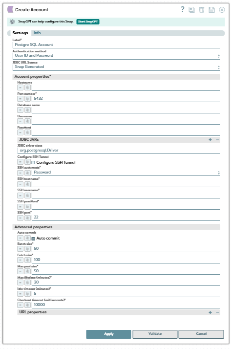 PostgreSQL Account configuration dialog