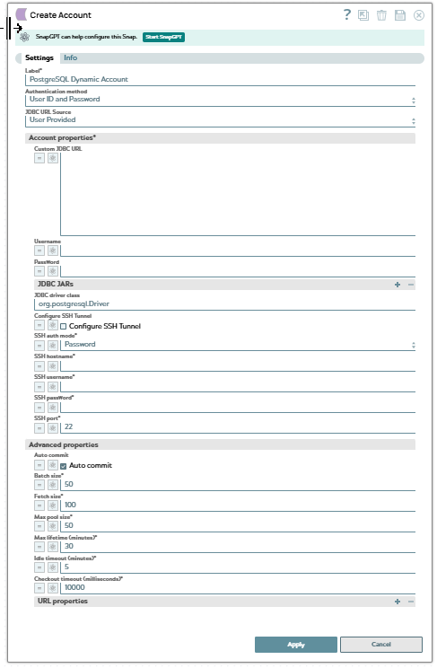 PostgreSQL Dynamic Account configuration dialog