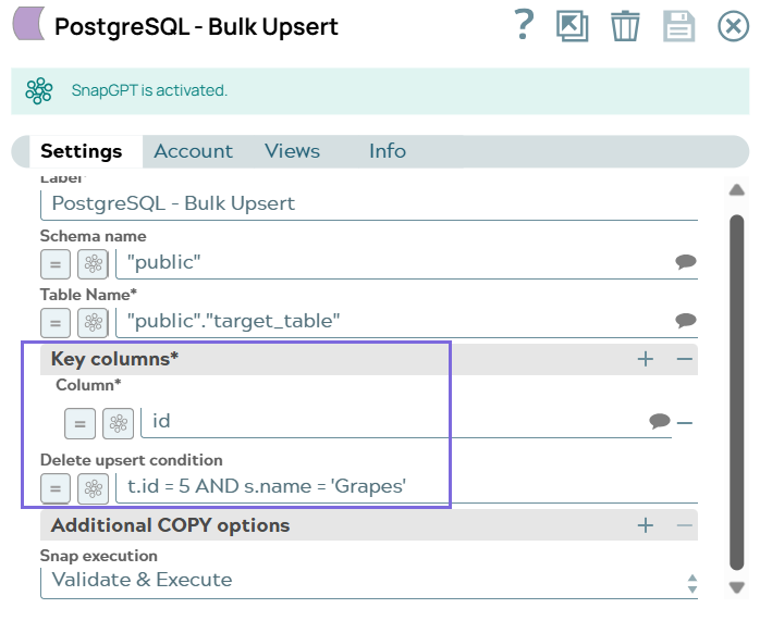 PostgreSQL Bulk Upsert Snap configuration