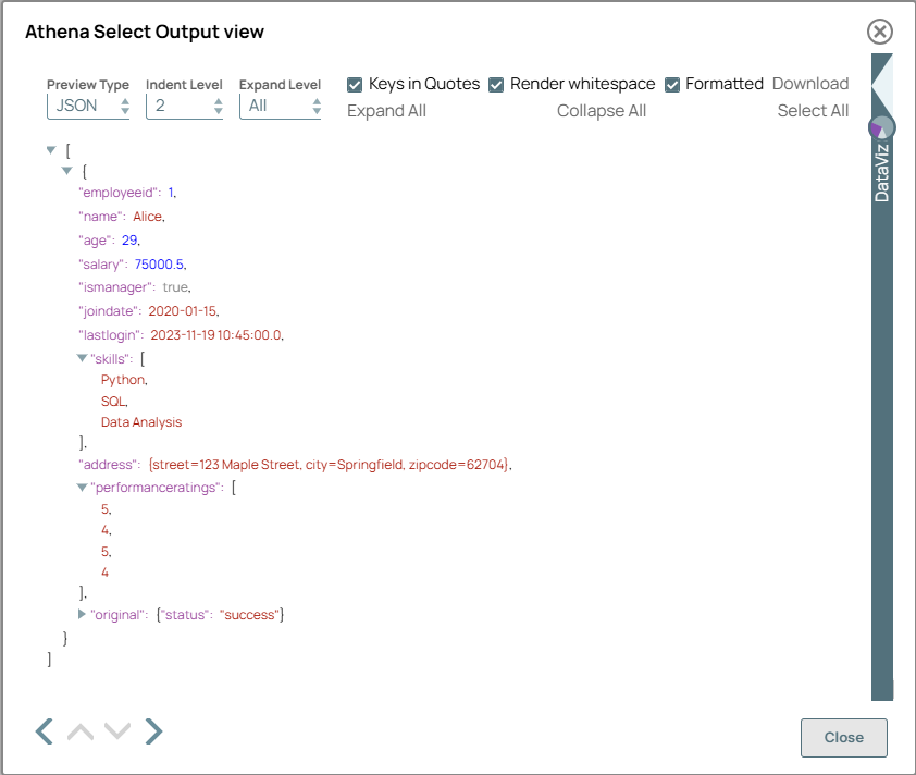 Athena Select Snap output