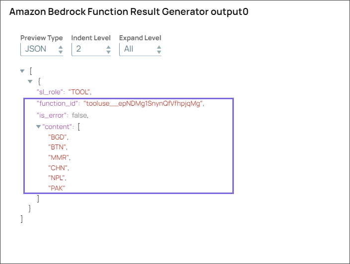 Amazon Bedrock Function Result Generator Snap Output