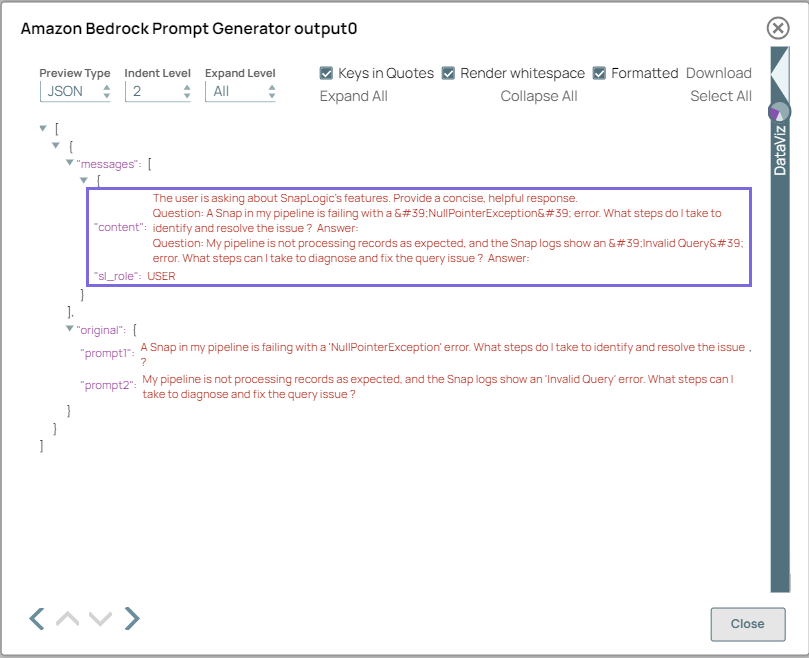 Amazon Bedrock Prompt Generator Snap output