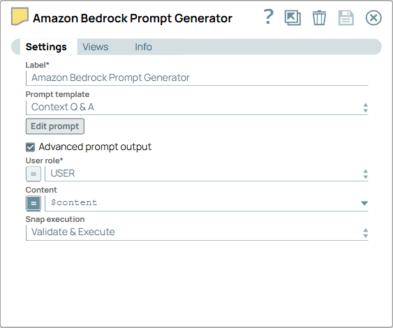 Amazon Bedrock Prompt Generator Snap configuration