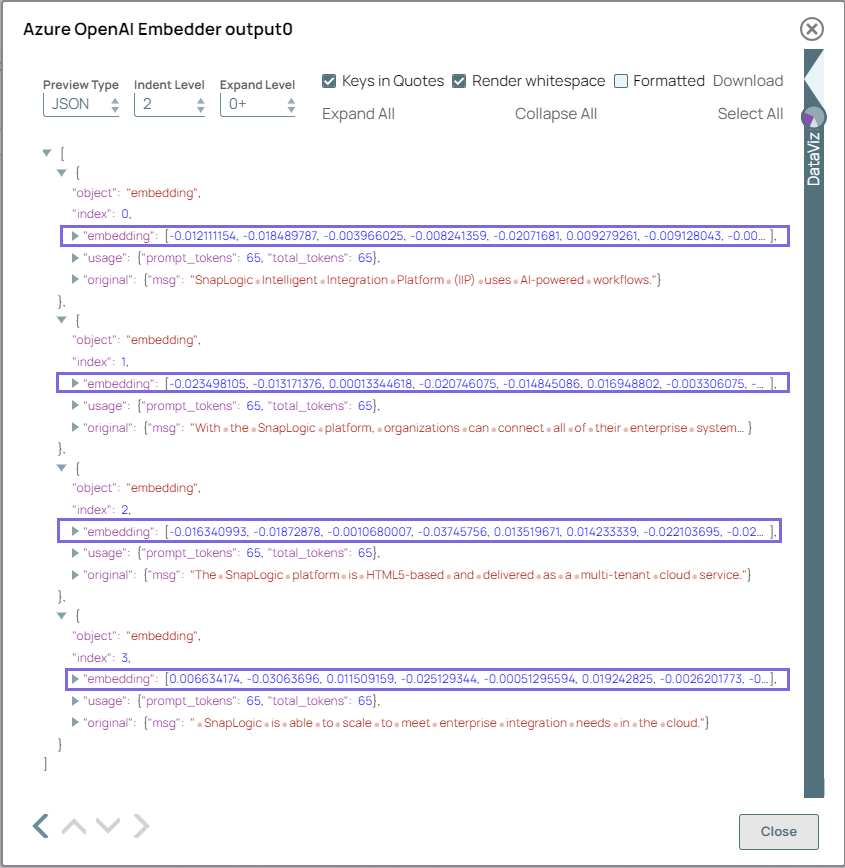 Azure OpenAI Embedder Snap Output
