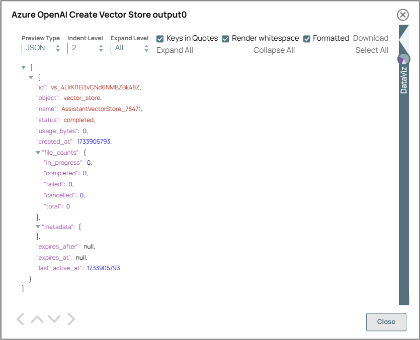 Azure OpenAI Create Vector Store Snap output