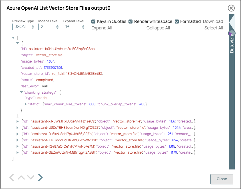 Azure OpenAI List Vector Store Files Snap output