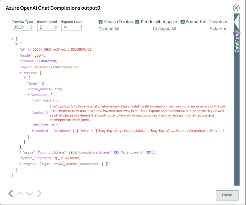 Azure OpenAI Chat Completions Snap output