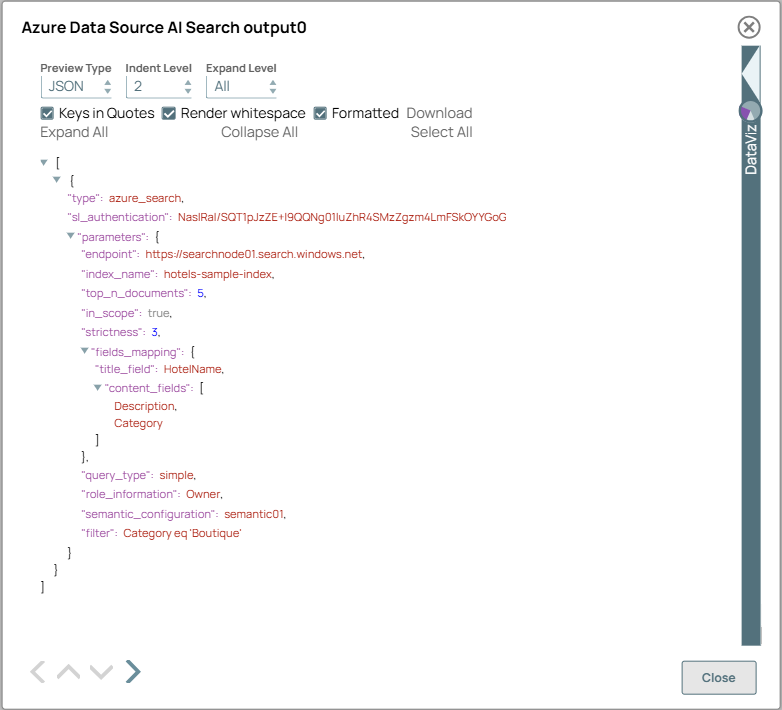 Azure Data Source AI Search Snap output