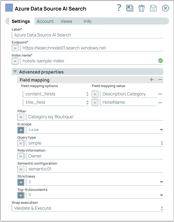 Azure Data Source AI Search Snap configurations