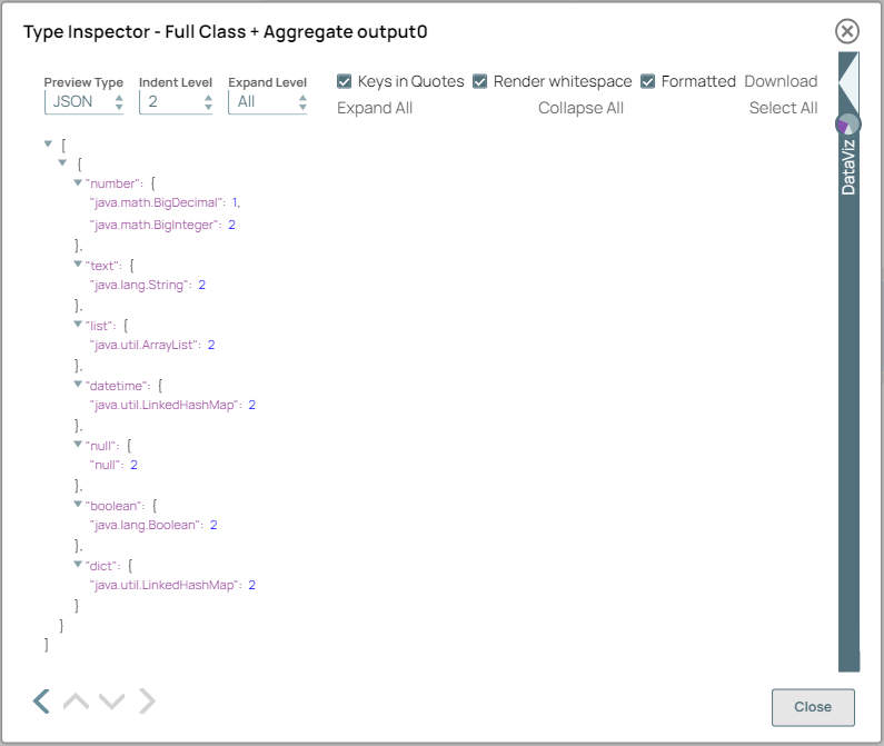 Type Inspector Snap (with Full class name + Aggregate) output