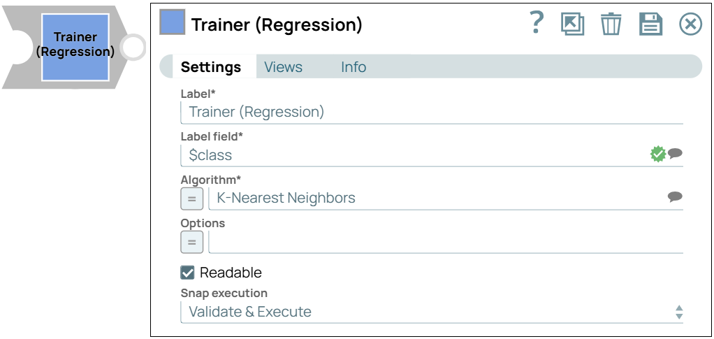 Trainer (Regression) Snap dialog