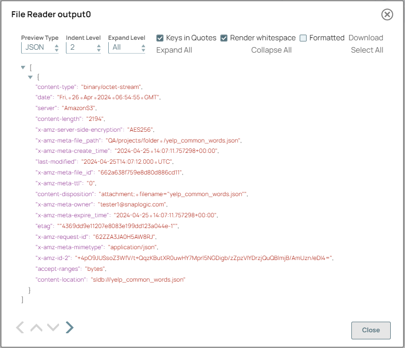 File Reader Snap output