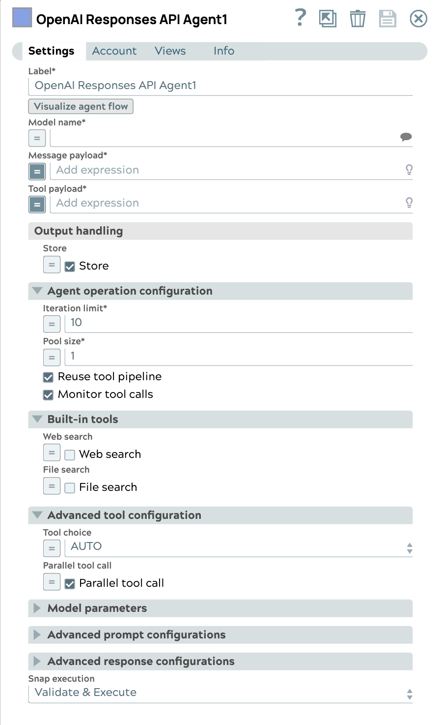 OpenAI Responses API Agent Snap dialog