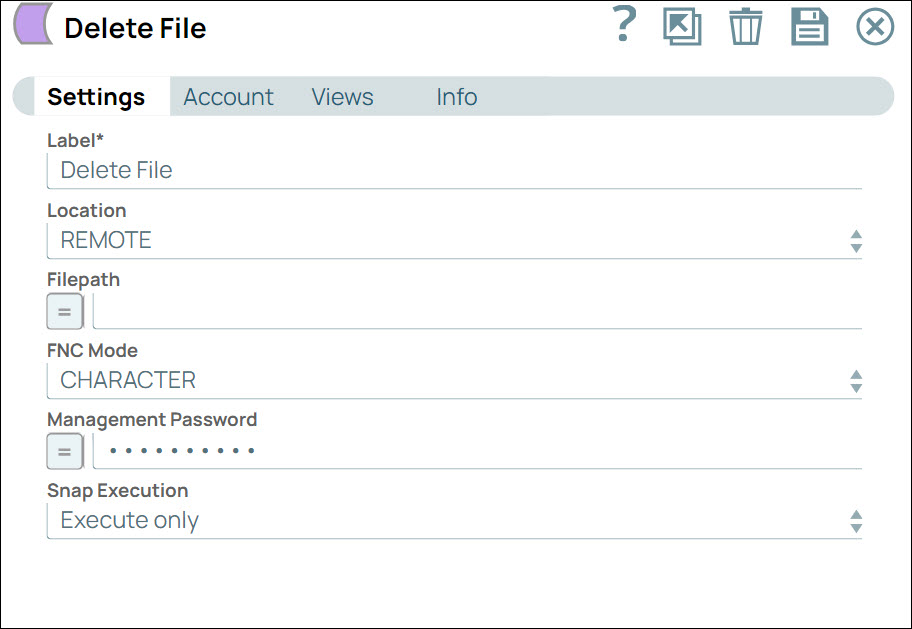 Delete file Snap Settings dialog