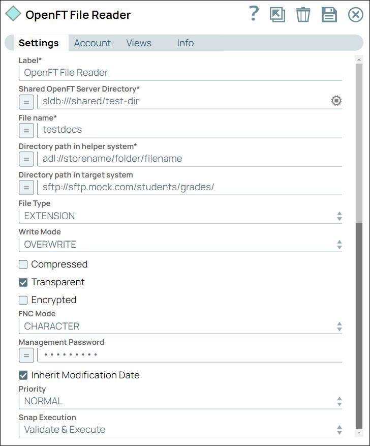 OpenFT File Reader Snap Settings dialog