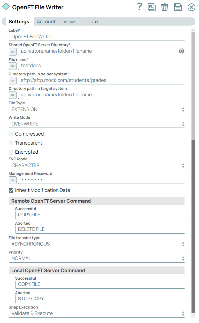 OpenFT File Weader Snap Settings dialog