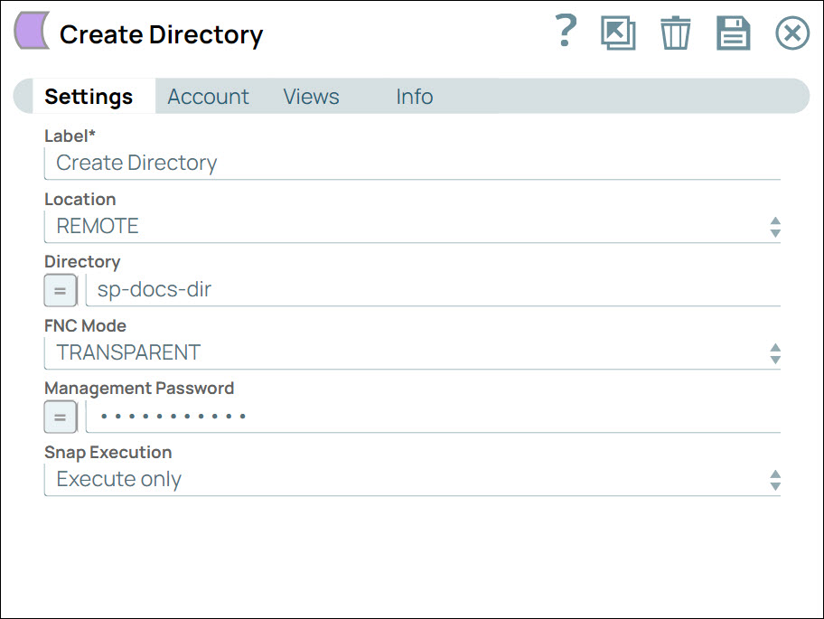 Create directory Snap Settings dialog