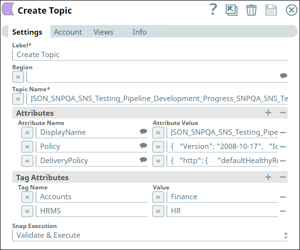 Create Topic Snap Settings