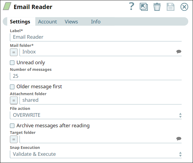 Email Reader Snap Settings