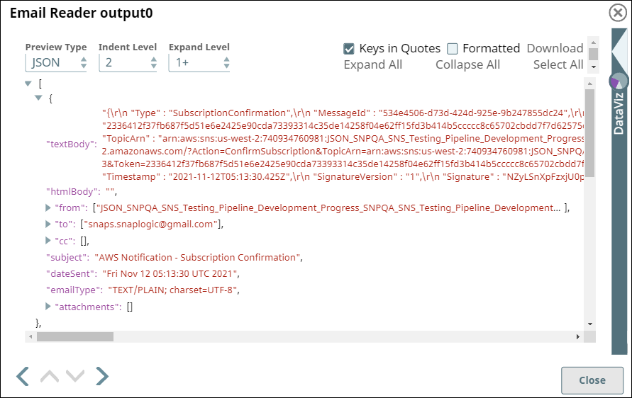 Email Reader Output